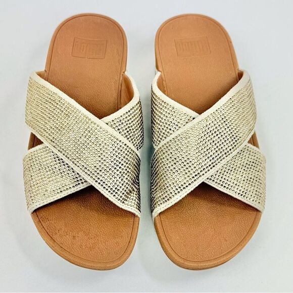 FitFlop RITZY Gold Metallic Sparkle Crisscross Orthotic Slide Sandals - Picture 6 of 16